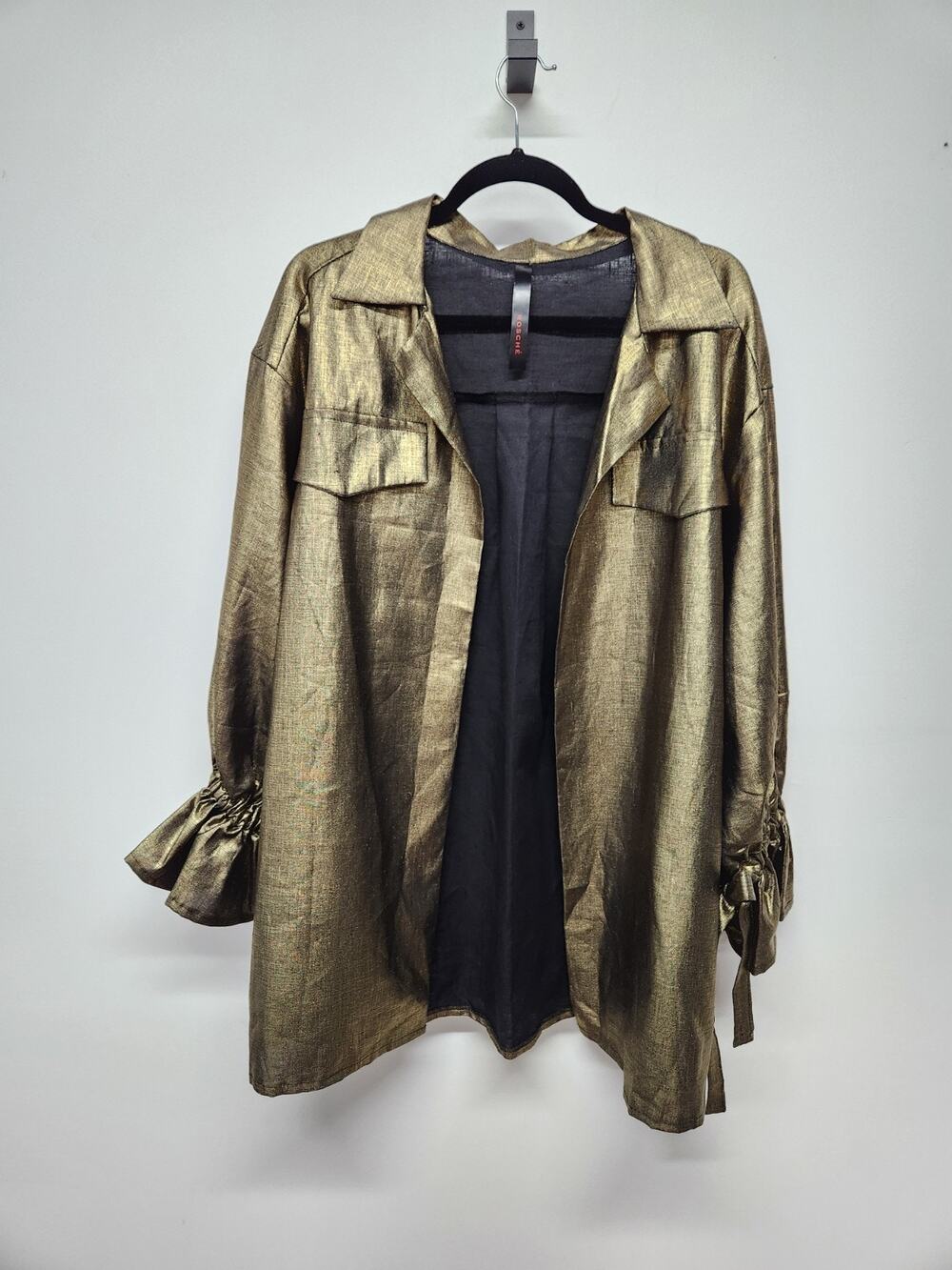 Roschè Women's Metallic Gold Open Front Long Sleeve Cardigan, Size L, Festive